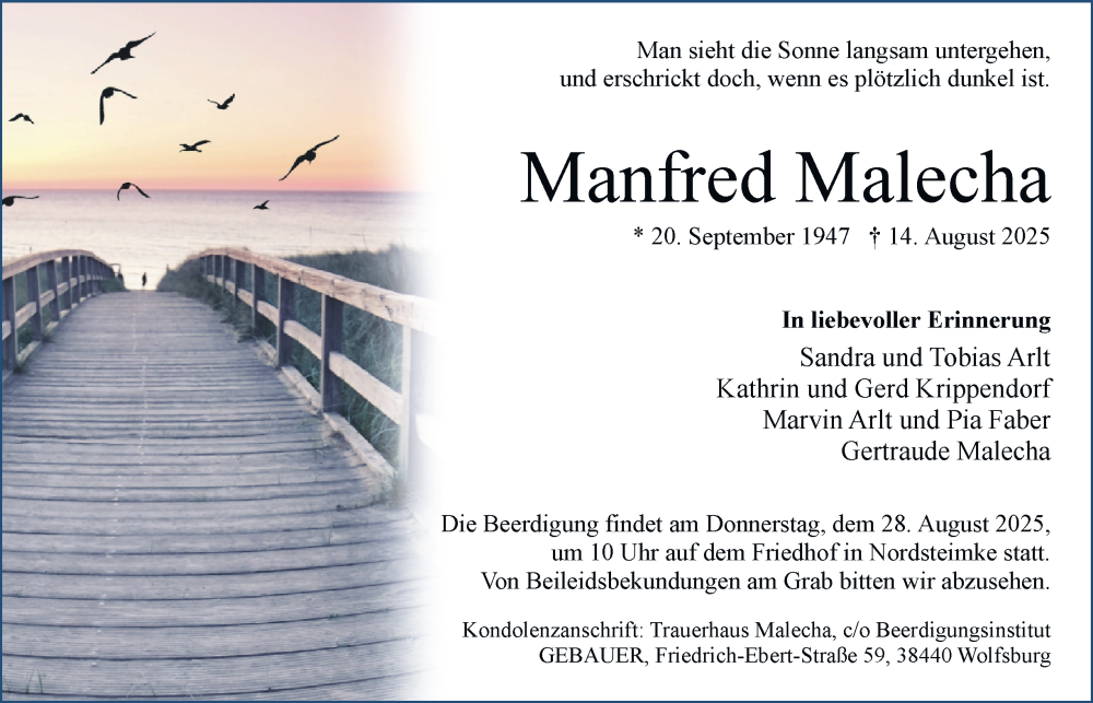  Traueranzeige für Manfred Malecha vom 23.08.2025 aus Braunschweiger Zeitung, Wolfsburger Nachrichten
