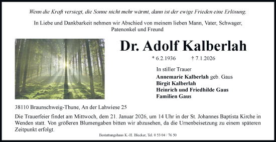 Traueranzeige von Adolf Kalberlah von Braunschweiger Zeitung