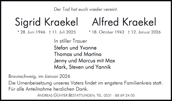 Traueranzeige von Alfred Kraekel von Braunschweiger Zeitung, Braunschweiger Zeitung