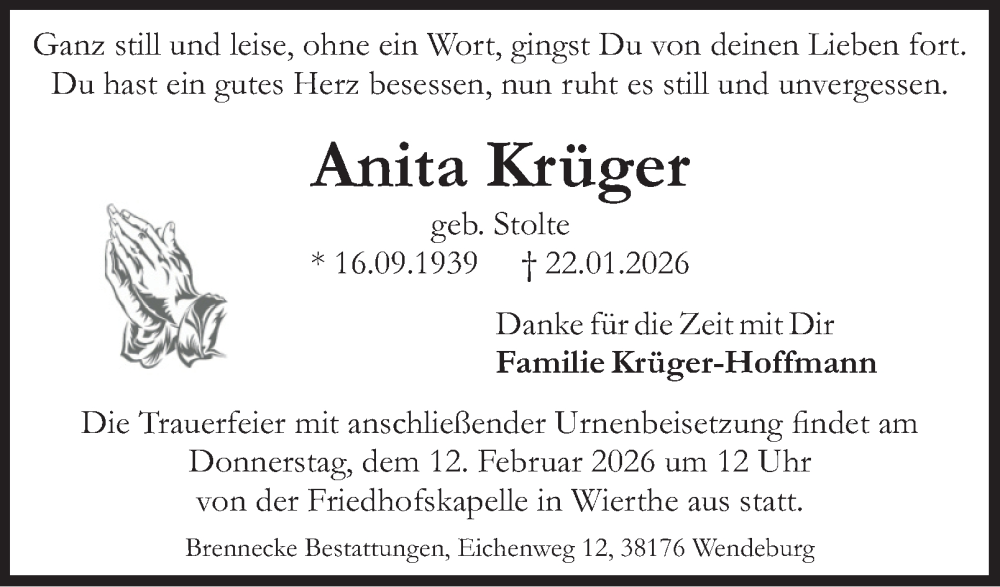  Traueranzeige für Anita Krüger vom 31.01.2026 aus Peiner Nachrichten