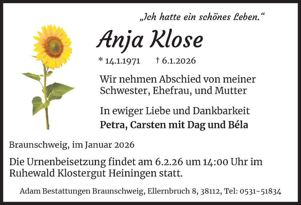  Traueranzeige für Anja Klose vom 17.01.2026 aus Braunschweiger Zeitung