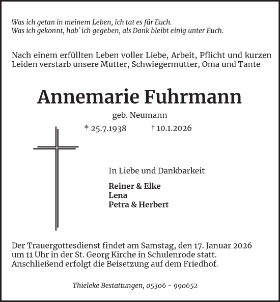 Traueranzeige von Annemarie Fuhrmann von Wolfenbütteler Zeitung