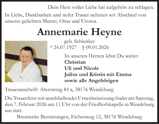 Traueranzeige von Annemarie Heyne von Peiner Nachrichten