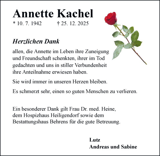 Traueranzeige von Annette Kachel von Braunschweiger Zeitung, Wolfsburger Nachrichten