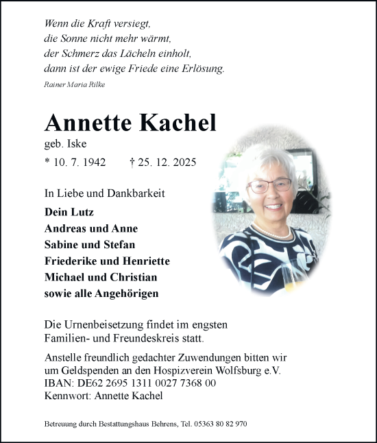 Traueranzeige von Annette Kachel von Braunschweiger Zeitung, Wolfsburger Nachrichten
