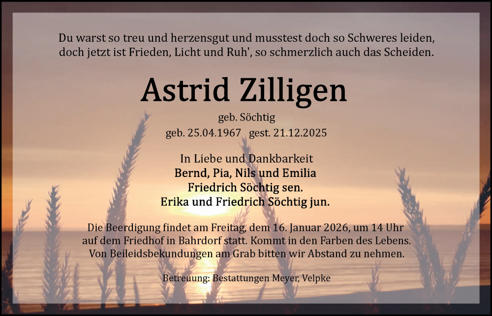  Traueranzeige für Astrid Zilligen vom 10.01.2026 aus Helmstedter Nachrichten