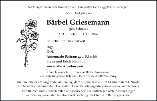 Traueranzeige von Bärbel Griesemann von Braunschweiger Zeitung, Wolfsburger Nachrichten