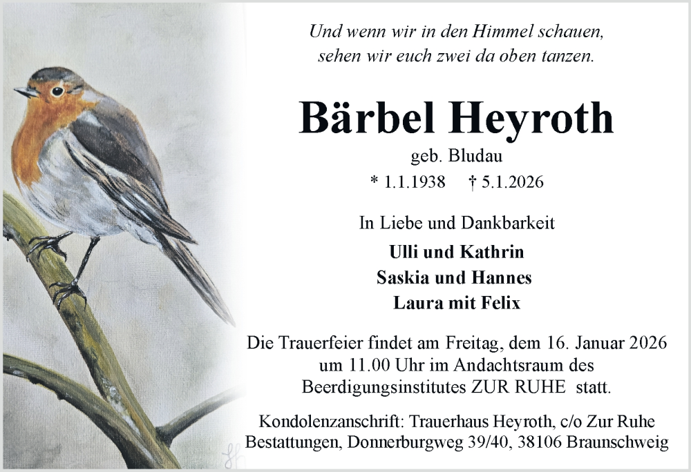  Traueranzeige für Bärbel Heyroth vom 10.01.2026 aus Braunschweiger Zeitung