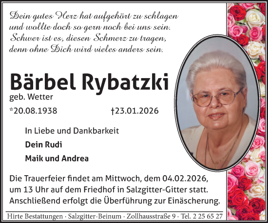 Traueranzeige von Bärbel Rybatzki von Salzgitter-Zeitung