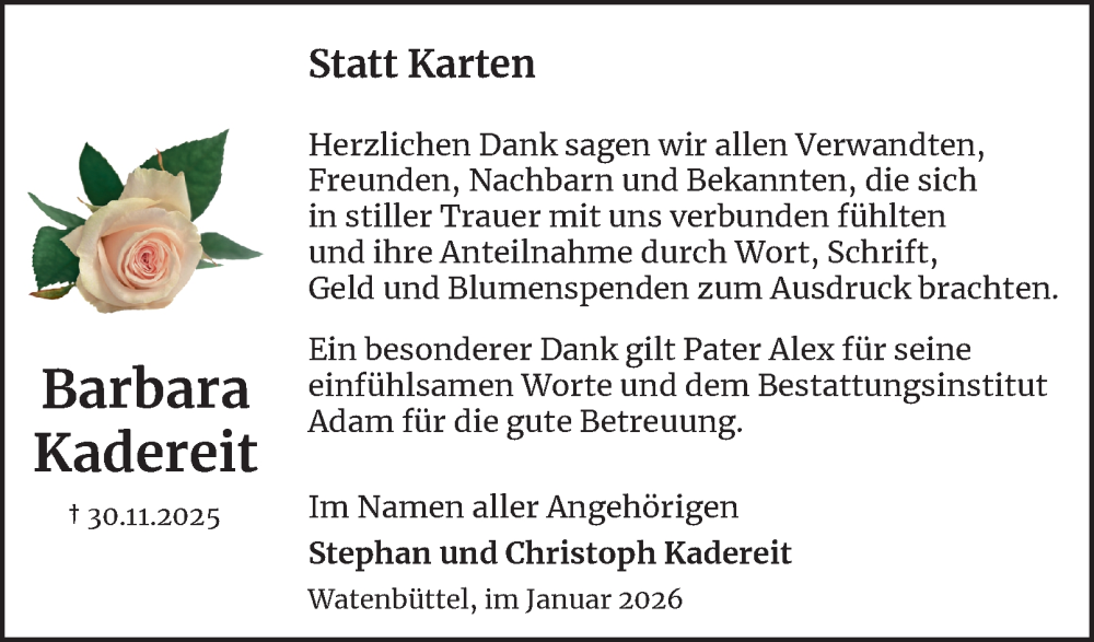  Traueranzeige für Barbara Kadereit vom 03.01.2026 aus Braunschweiger Zeitung
