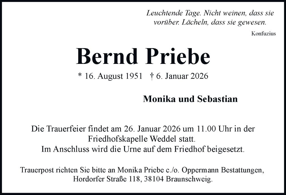  Traueranzeige für Bernd Priebe vom 17.01.2026 aus Braunschweiger Zeitung