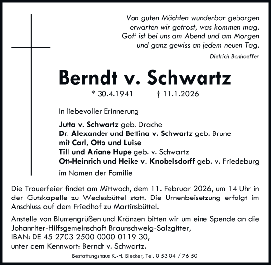Traueranzeige von Berndt v. Schwartz 