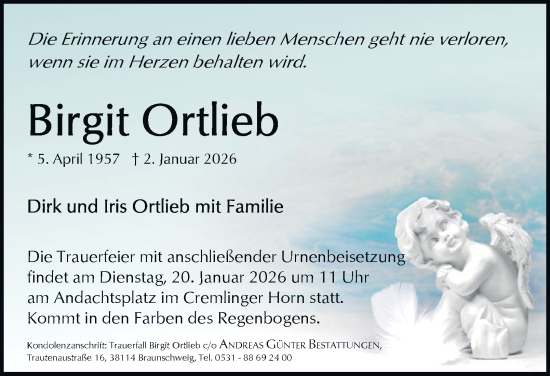 Traueranzeige von Birgit Ortlieb von Braunschweiger Zeitung