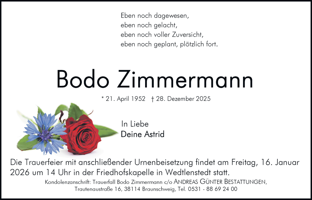  Traueranzeige für Bodo Zimmermann vom 03.01.2026 aus Braunschweiger Zeitung