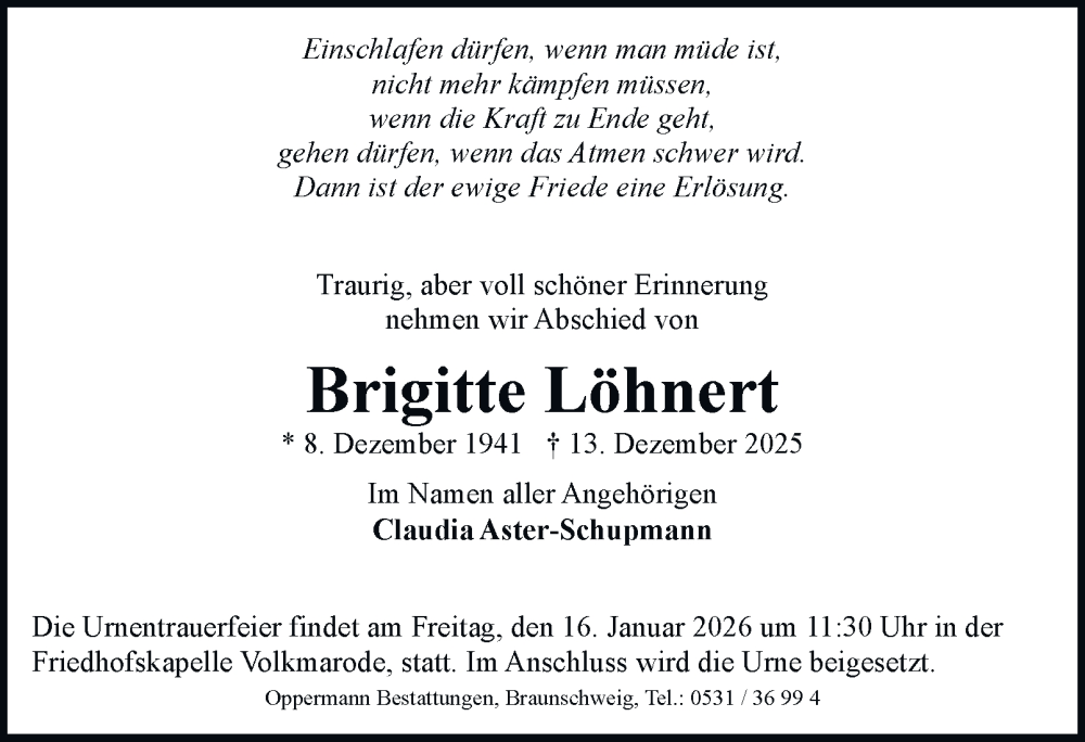  Traueranzeige für Brigitte Löhnert vom 10.01.2026 aus Braunschweiger Zeitung