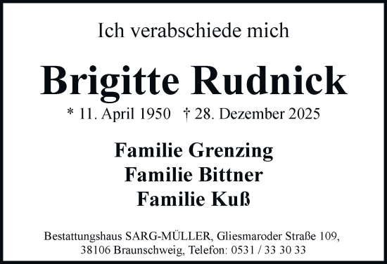 Traueranzeige von Brigitte Rudnick von Braunschweiger Zeitung