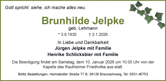 Traueranzeige von Brunhilde Jelpke von Braunschweiger Zeitung