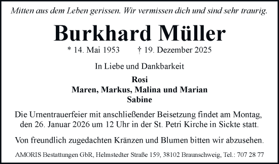 Traueranzeige von Burkhard Müller von Braunschweiger Zeitung