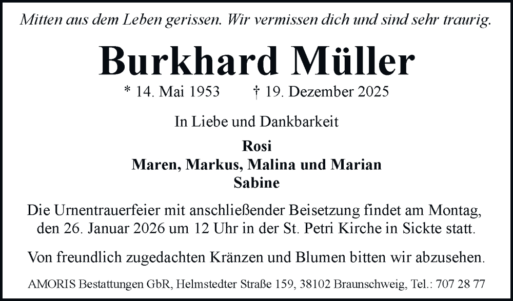  Traueranzeige für Burkhard Müller vom 17.01.2026 aus Braunschweiger Zeitung