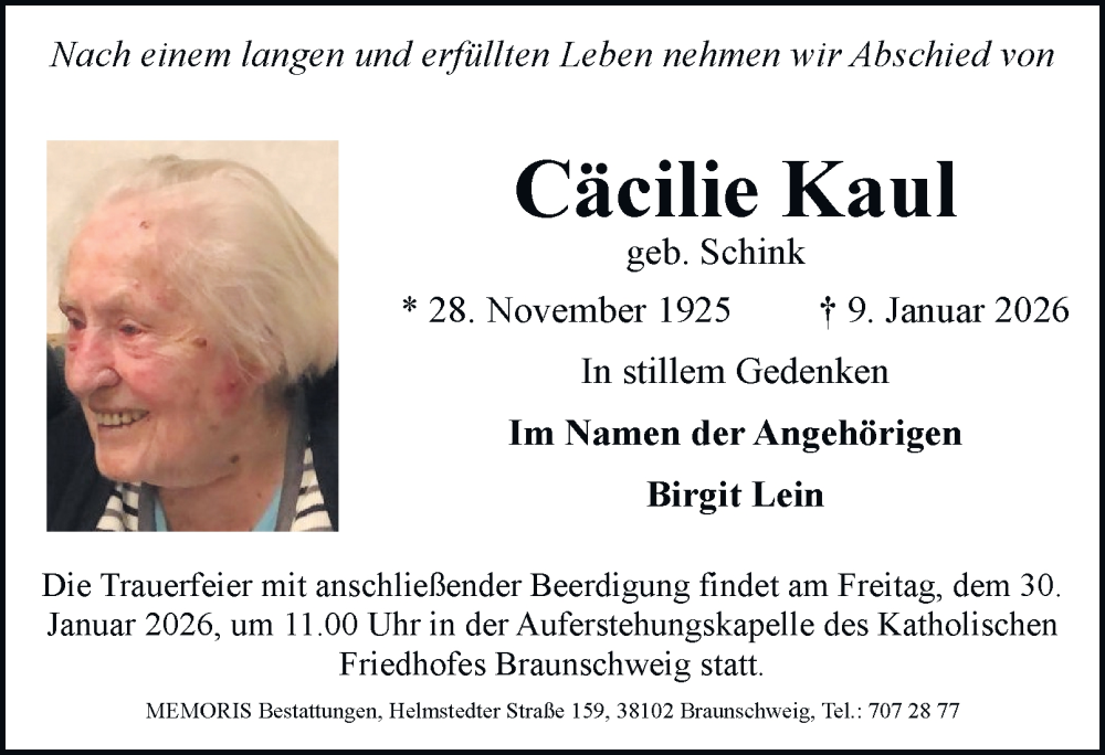  Traueranzeige für Cäcilie Kaul vom 24.01.2026 aus 