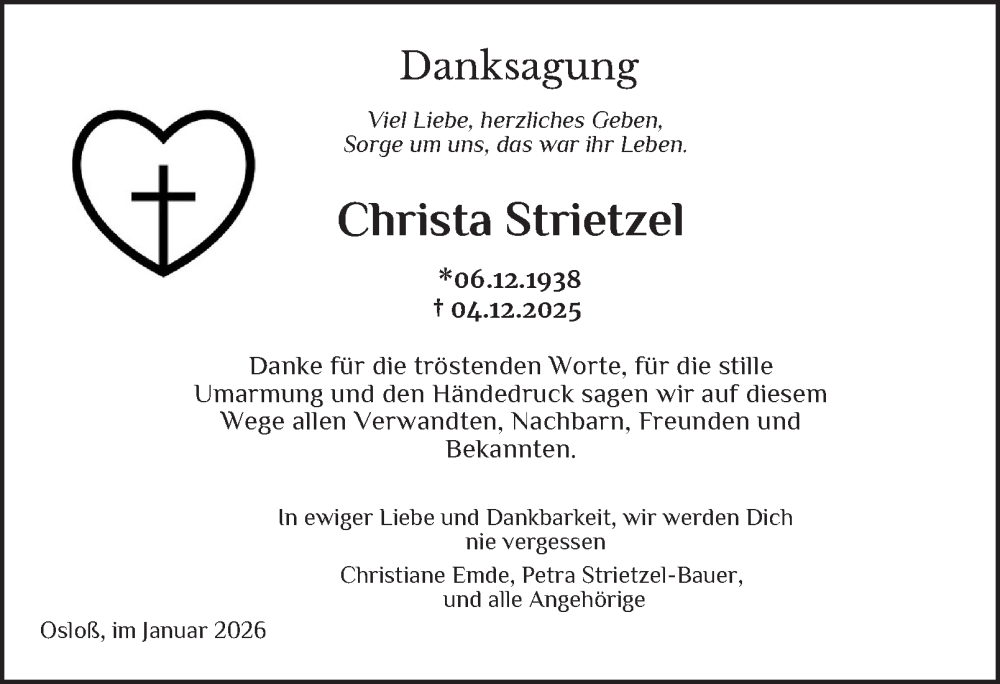 Traueranzeige für Christa Strietzel vom 24.01.2026 aus 