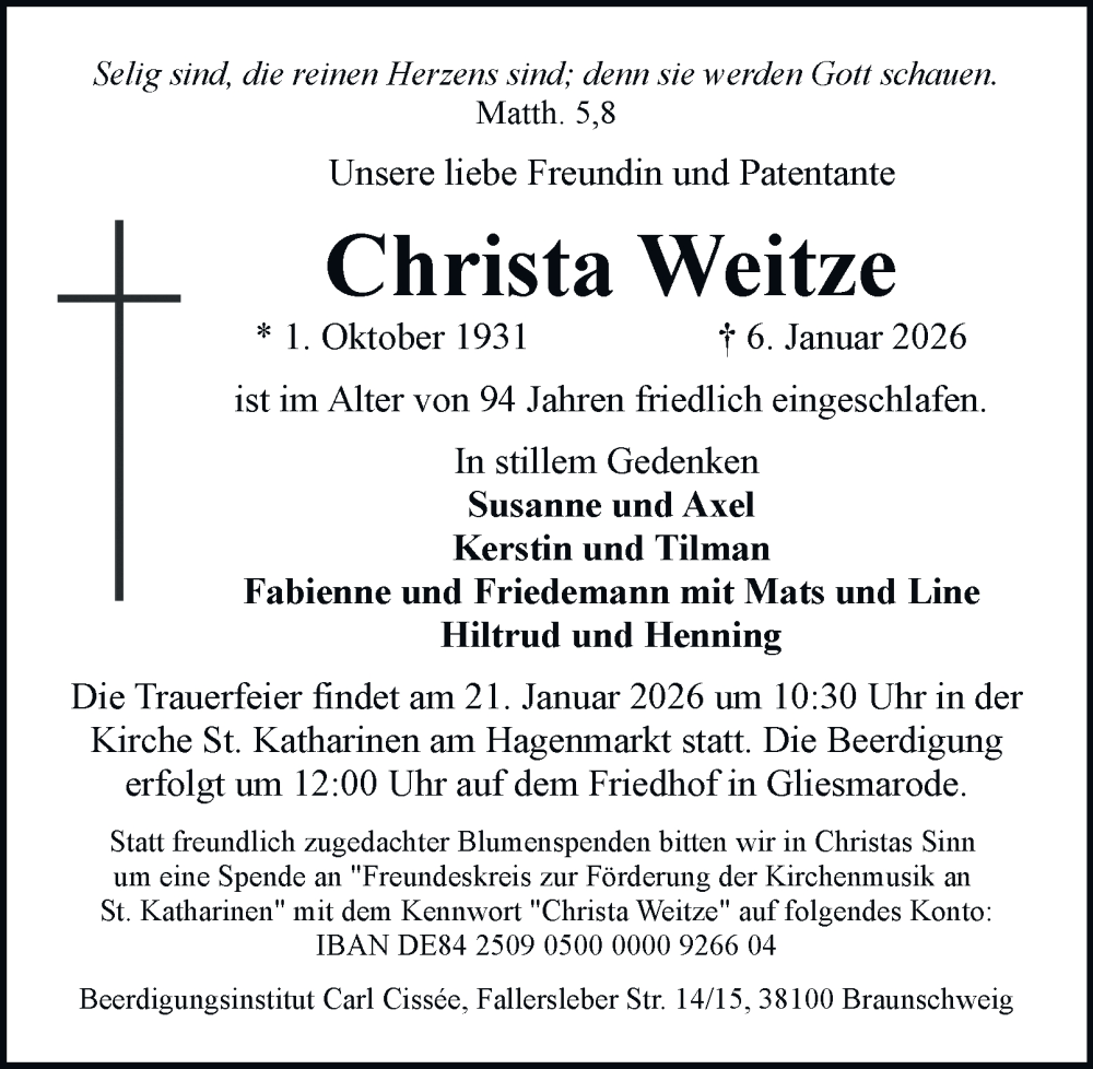  Traueranzeige für Christa Weitze vom 17.01.2026 aus Braunschweiger Zeitung