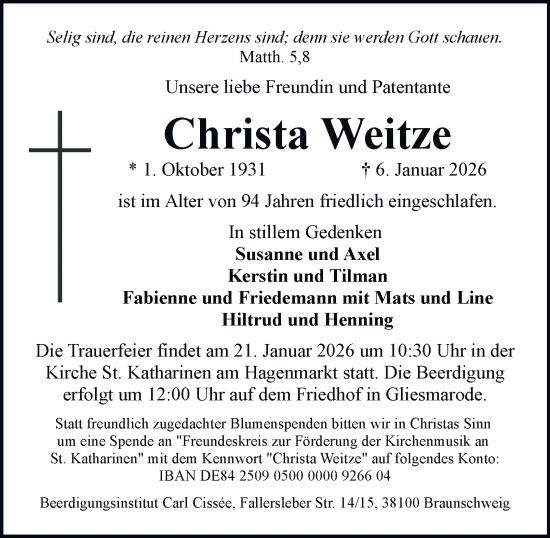 Traueranzeige von Christa Weitze von Braunschweiger Zeitung