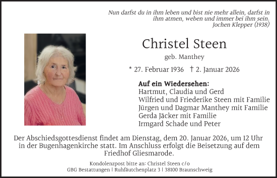 Traueranzeige von Christel Steen von Braunschweiger Zeitung
