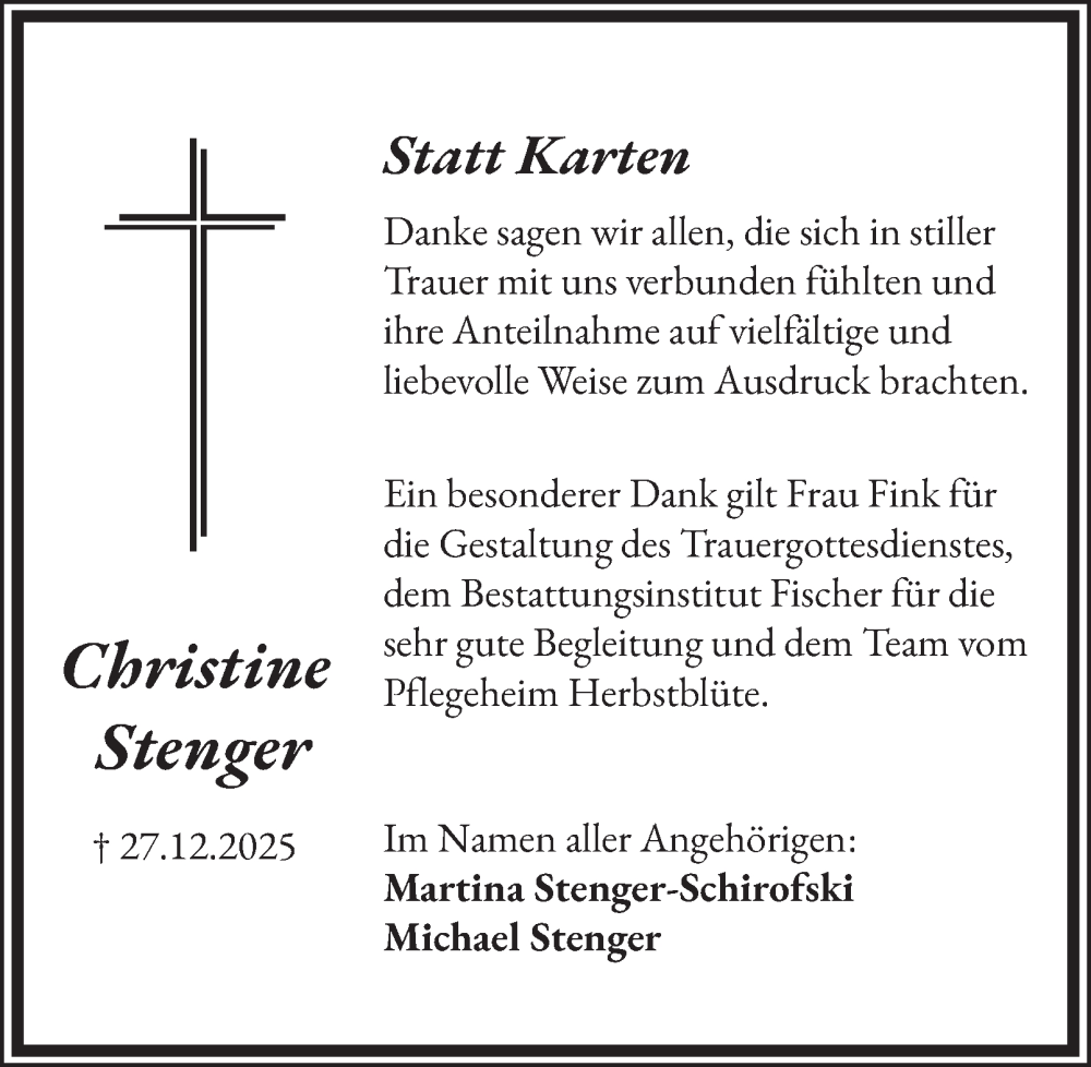  Traueranzeige für Christine Stenger vom 28.01.2026 aus Salzgitter-Zeitung