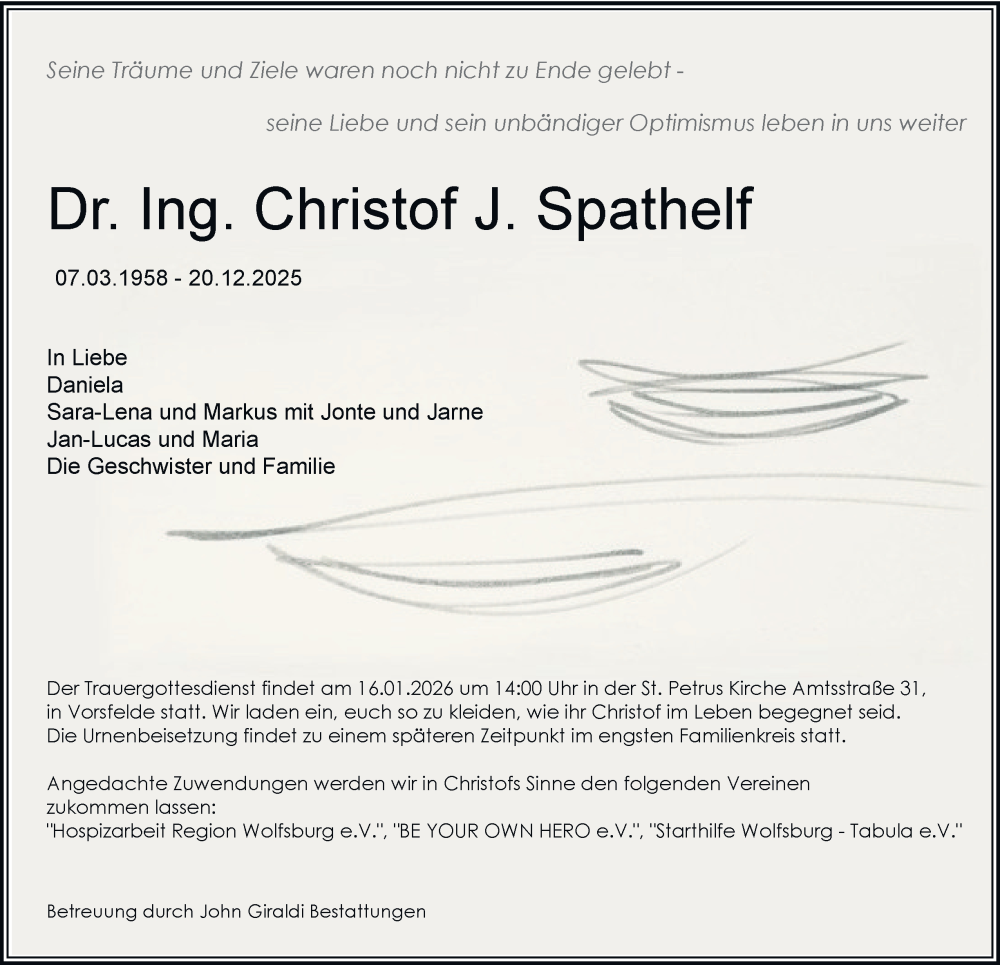  Traueranzeige für Christof J. Spathelf vom 10.01.2026 aus Braunschweiger Zeitung, Wolfsburger Nachrichten