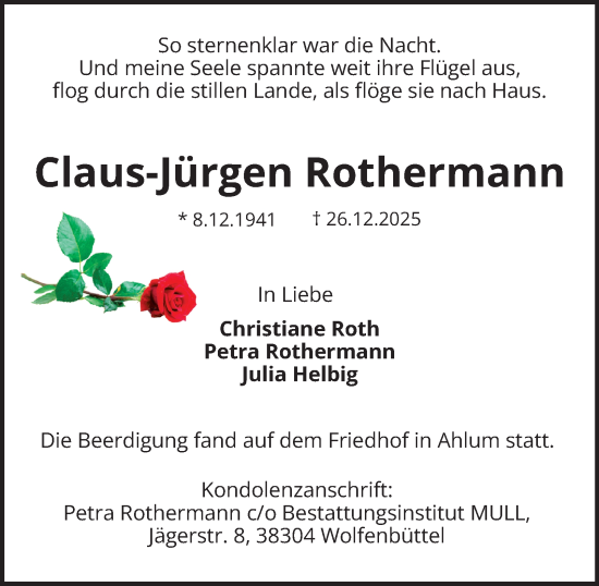 Traueranzeige von Claus-Jürgen Rothermann von Wolfenbütteler Zeitung