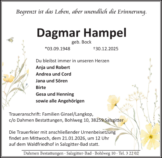 Traueranzeige von Dagmar Hampel von Salzgitter-Zeitung