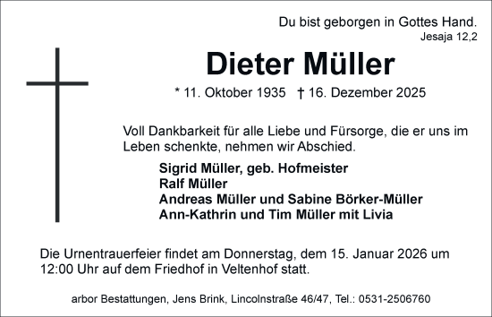 Traueranzeige von Dieter Müller von Braunschweiger Zeitung