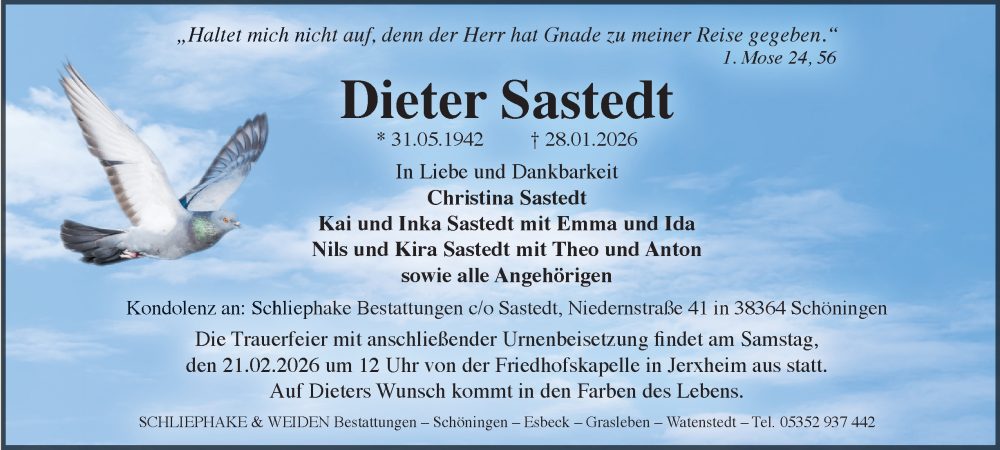  Traueranzeige für Dieter Sastedt vom 31.01.2026 aus Braunschweiger Zeitung, Braunschweiger Zeitung, Salzgitter-Zeitung, Wolfsburger Nachrichten