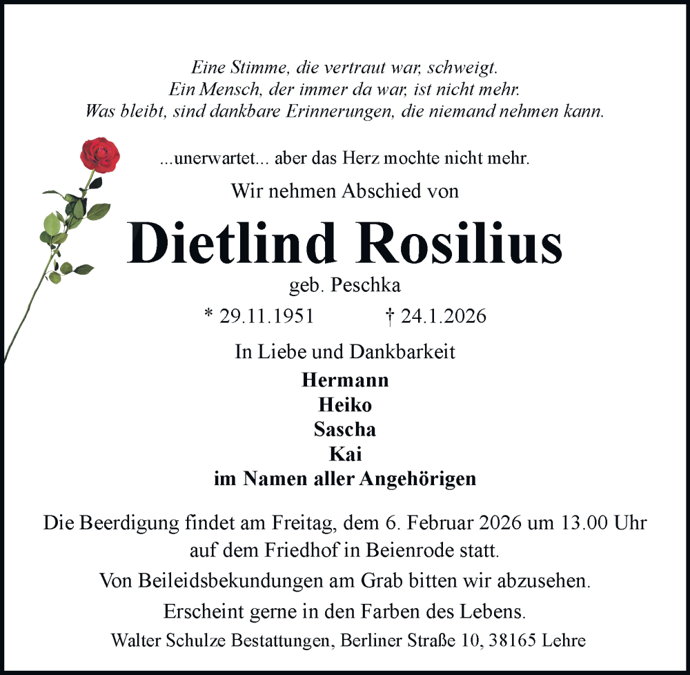  Traueranzeige für Dietlind Rosilius vom 31.01.2026 aus Braunschweiger Zeitung, Braunschweiger Zeitung