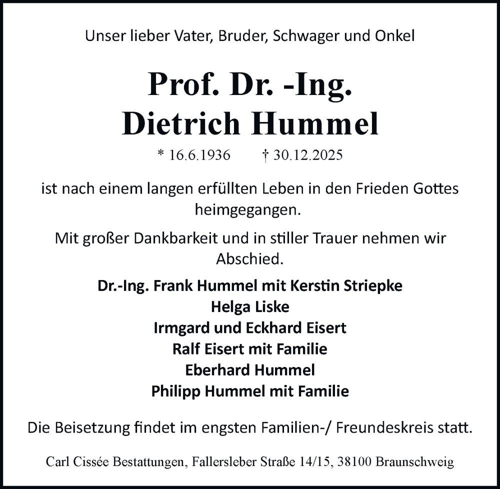  Traueranzeige für Dietrich Hummel vom 10.01.2026 aus Braunschweiger Zeitung