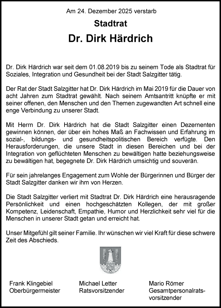  Traueranzeige für Dirk Härdrich vom 08.01.2026 aus Salzgitter-Zeitung