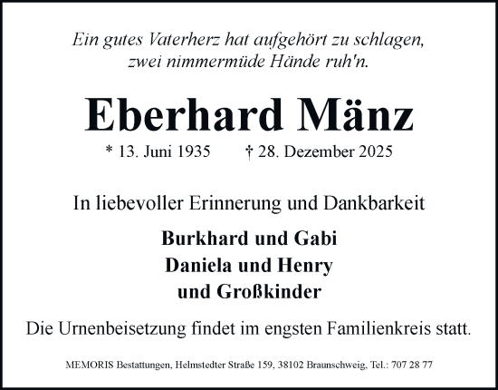 Traueranzeige von Eberhard Mänz von Braunschweiger Zeitung