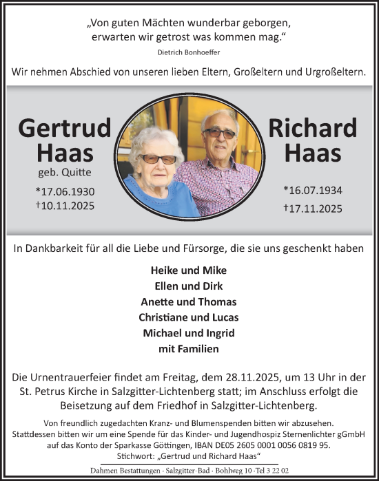 Traueranzeige von Gertrud Haas  