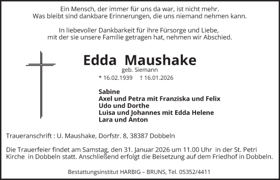Traueranzeige von Edda Maushake von Helmstedter Nachrichten