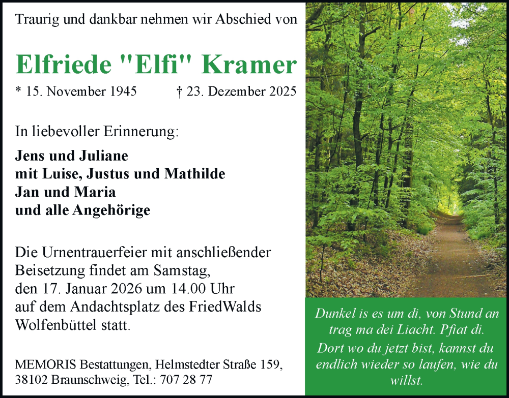  Traueranzeige für Elfriede Kramer vom 10.01.2026 aus Braunschweiger Zeitung