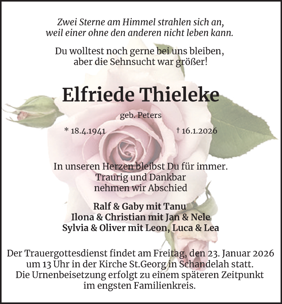  Traueranzeige für Elfriede Thieleke vom 20.01.2026 aus Wolfenbütteler Zeitung