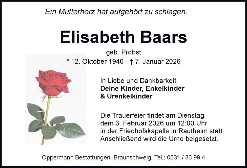  Traueranzeige für Elisabeth Baars vom 17.01.2026 aus Braunschweiger Zeitung