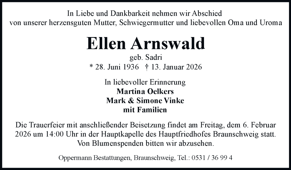  Traueranzeige für Ellen Arnswald vom 24.01.2026 aus 