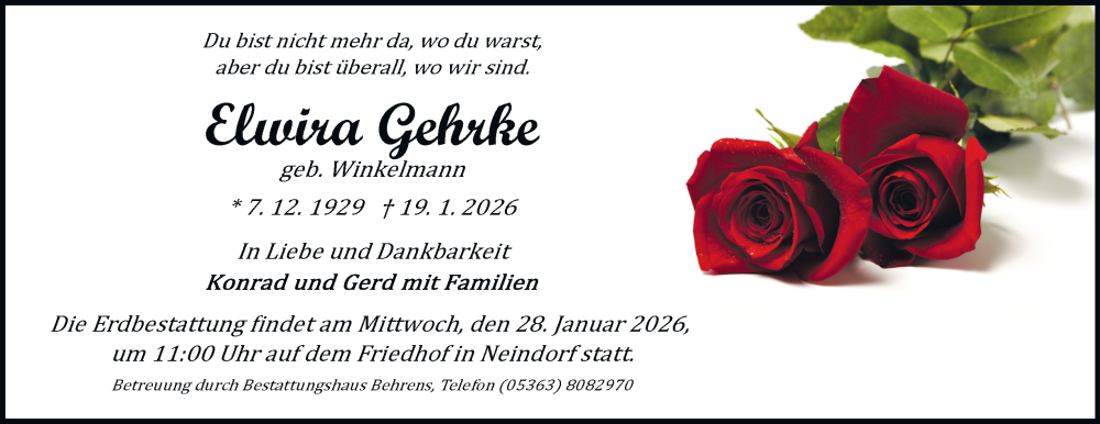  Traueranzeige für Elwira Gehrke vom 24.01.2026 aus 