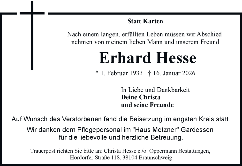  Traueranzeige für Erhard Hesse vom 31.01.2026 aus Braunschweiger Zeitung, Braunschweiger Zeitung
