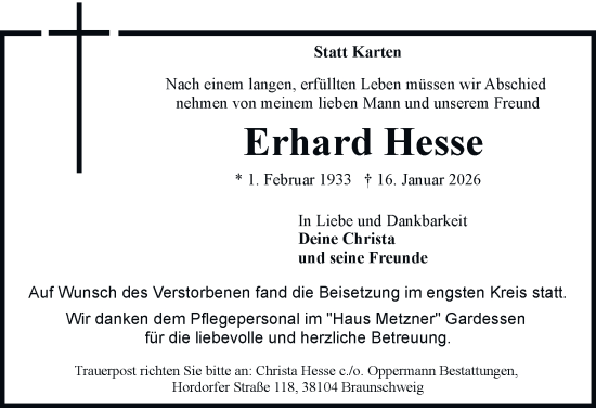 Traueranzeige von Erhard Hesse von Braunschweiger Zeitung, Braunschweiger Zeitung