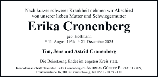 Traueranzeige von Erika Cronenberg von Braunschweiger Zeitung