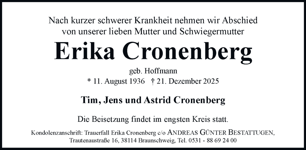  Traueranzeige für Erika Cronenberg vom 03.01.2026 aus Braunschweiger Zeitung