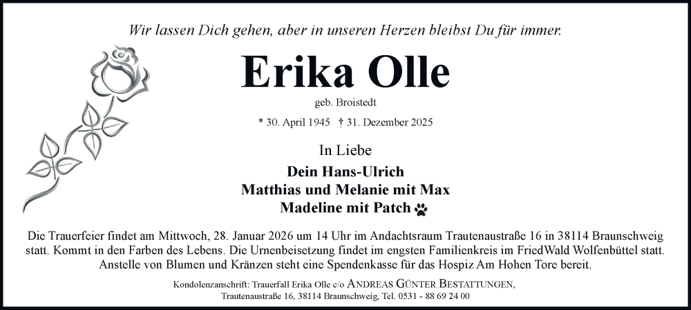  Traueranzeige für Erika Olle vom 10.01.2026 aus Braunschweiger Zeitung